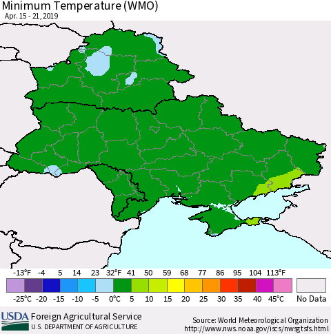 Ukraine, Moldova and Belarus Minimum Temperature (WMO) Thematic Map For 4/15/2019 - 4/21/2019