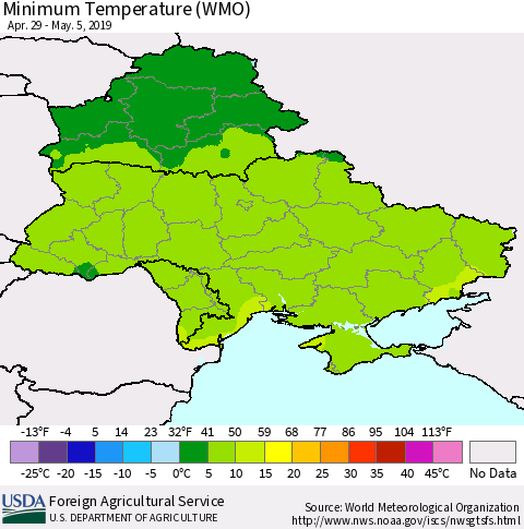 Ukraine, Moldova and Belarus Minimum Temperature (WMO) Thematic Map For 4/29/2019 - 5/5/2019