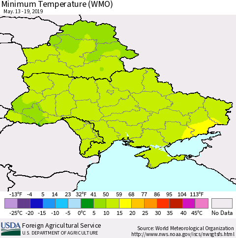 Ukraine, Moldova and Belarus Minimum Temperature (WMO) Thematic Map For 5/13/2019 - 5/19/2019
