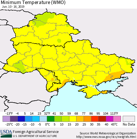 Ukraine, Moldova and Belarus Minimum Temperature (WMO) Thematic Map For 6/10/2019 - 6/16/2019