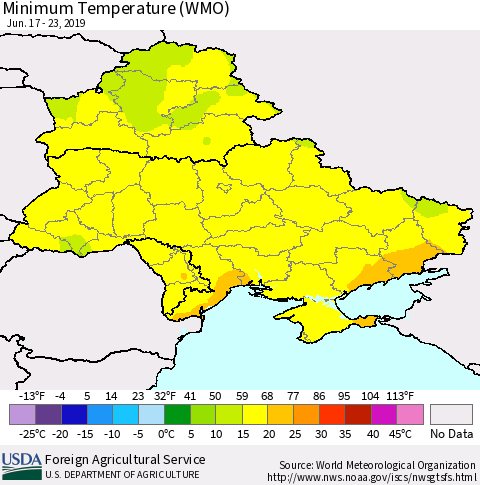 Ukraine, Moldova and Belarus Minimum Temperature (WMO) Thematic Map For 6/17/2019 - 6/23/2019