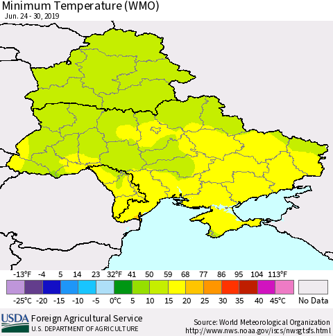Ukraine, Moldova and Belarus Minimum Temperature (WMO) Thematic Map For 6/24/2019 - 6/30/2019