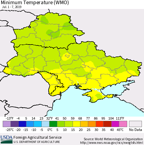 Ukraine, Moldova and Belarus Minimum Temperature (WMO) Thematic Map For 7/1/2019 - 7/7/2019