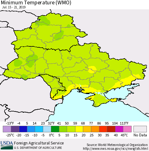 Ukraine, Moldova and Belarus Minimum Temperature (WMO) Thematic Map For 7/15/2019 - 7/21/2019