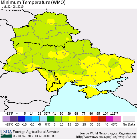 Ukraine, Moldova and Belarus Minimum Temperature (WMO) Thematic Map For 7/22/2019 - 7/28/2019