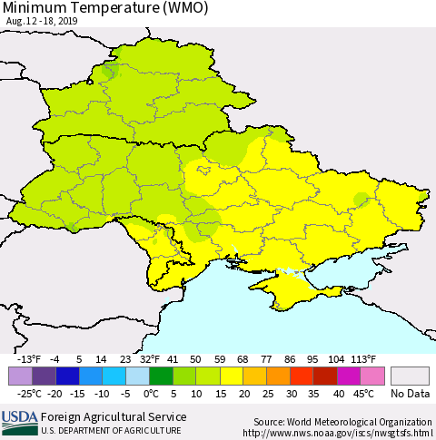 Ukraine, Moldova and Belarus Minimum Temperature (WMO) Thematic Map For 8/12/2019 - 8/18/2019