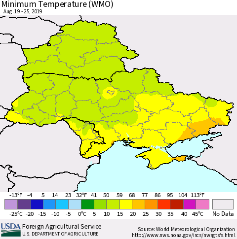Ukraine, Moldova and Belarus Minimum Temperature (WMO) Thematic Map For 8/19/2019 - 8/25/2019