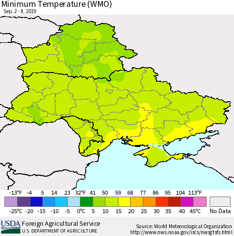 Ukraine, Moldova and Belarus Minimum Temperature (WMO) Thematic Map For 9/2/2019 - 9/8/2019