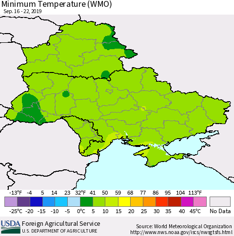 Ukraine, Moldova and Belarus Minimum Temperature (WMO) Thematic Map For 9/16/2019 - 9/22/2019