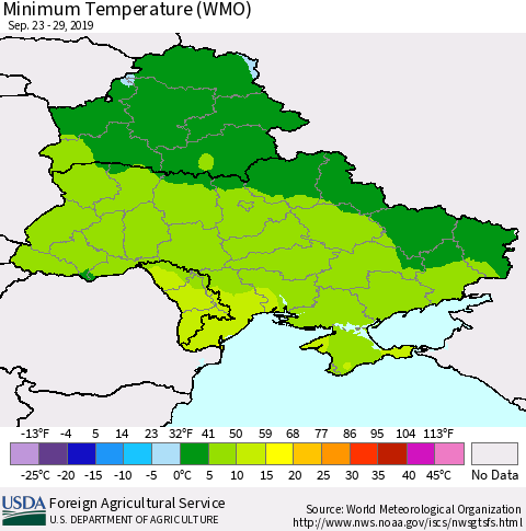 Ukraine, Moldova and Belarus Minimum Temperature (WMO) Thematic Map For 9/23/2019 - 9/29/2019