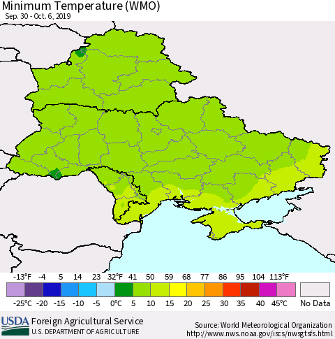 Ukraine, Moldova and Belarus Minimum Temperature (WMO) Thematic Map For 9/30/2019 - 10/6/2019