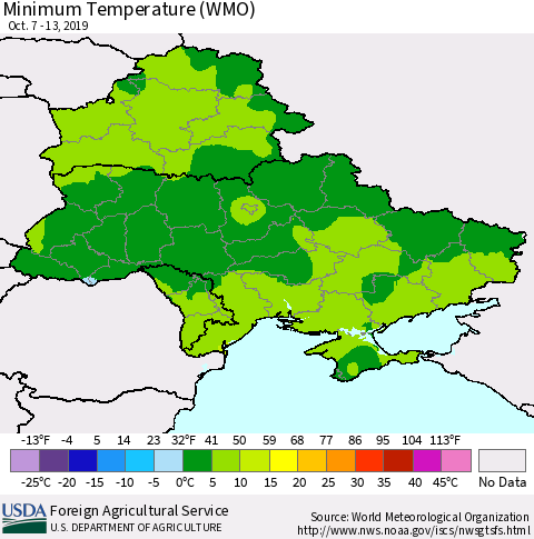 Ukraine, Moldova and Belarus Minimum Temperature (WMO) Thematic Map For 10/7/2019 - 10/13/2019