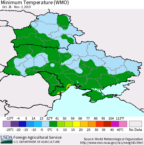 Ukraine, Moldova and Belarus Minimum Temperature (WMO) Thematic Map For 10/28/2019 - 11/3/2019