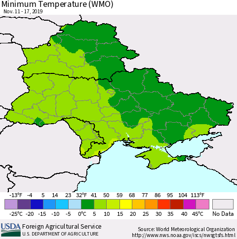 Ukraine, Moldova and Belarus Minimum Temperature (WMO) Thematic Map For 11/11/2019 - 11/17/2019