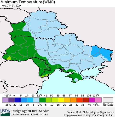 Ukraine, Moldova and Belarus Minimum Temperature (WMO) Thematic Map For 11/18/2019 - 11/24/2019