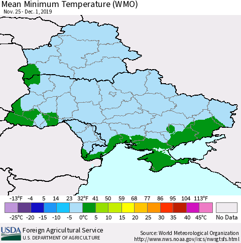 Ukraine, Moldova and Belarus Minimum Temperature (WMO) Thematic Map For 11/25/2019 - 12/1/2019