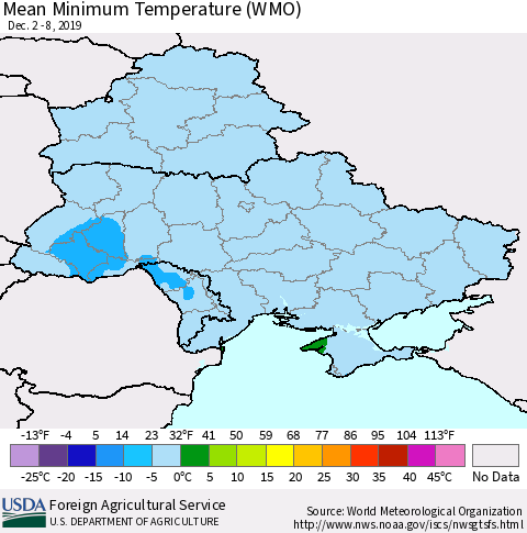 Ukraine, Moldova and Belarus Minimum Temperature (WMO) Thematic Map For 12/2/2019 - 12/8/2019