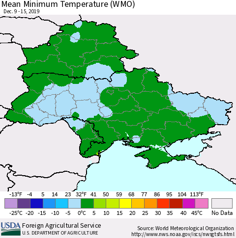 Ukraine, Moldova and Belarus Minimum Temperature (WMO) Thematic Map For 12/9/2019 - 12/15/2019