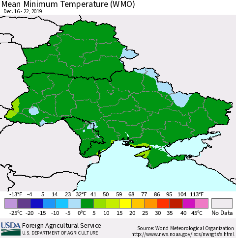 Ukraine, Moldova and Belarus Minimum Temperature (WMO) Thematic Map For 12/16/2019 - 12/22/2019
