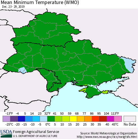 Ukraine, Moldova and Belarus Minimum Temperature (WMO) Thematic Map For 12/23/2019 - 12/29/2019