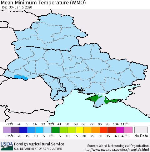 Ukraine, Moldova and Belarus Minimum Temperature (WMO) Thematic Map For 12/30/2019 - 1/5/2020