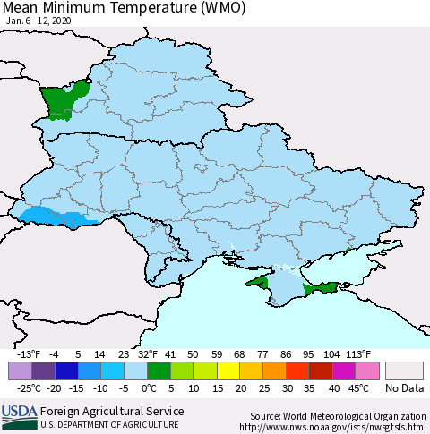 Ukraine, Moldova and Belarus Minimum Temperature (WMO) Thematic Map For 1/6/2020 - 1/12/2020