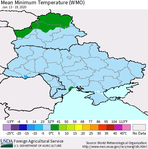 Ukraine, Moldova and Belarus Minimum Temperature (WMO) Thematic Map For 1/13/2020 - 1/19/2020
