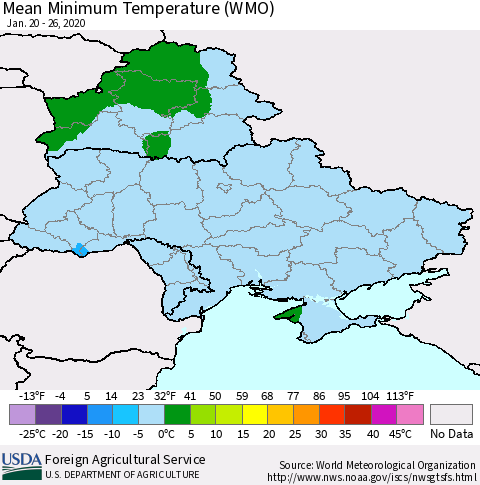 Ukraine, Moldova and Belarus Minimum Temperature (WMO) Thematic Map For 1/20/2020 - 1/26/2020