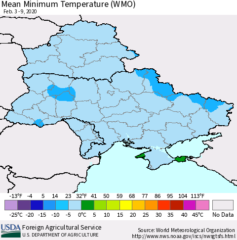 Ukraine, Moldova and Belarus Minimum Temperature (WMO) Thematic Map For 2/3/2020 - 2/9/2020