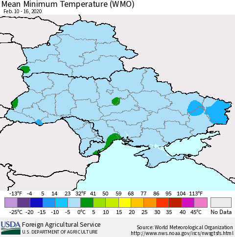 Ukraine, Moldova and Belarus Minimum Temperature (WMO) Thematic Map For 2/10/2020 - 2/16/2020