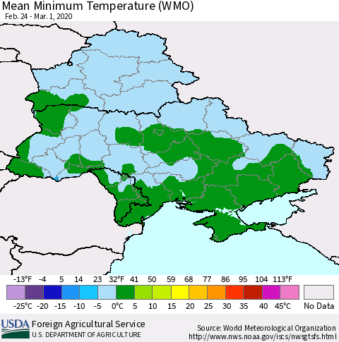 Ukraine, Moldova and Belarus Minimum Temperature (WMO) Thematic Map For 2/24/2020 - 3/1/2020