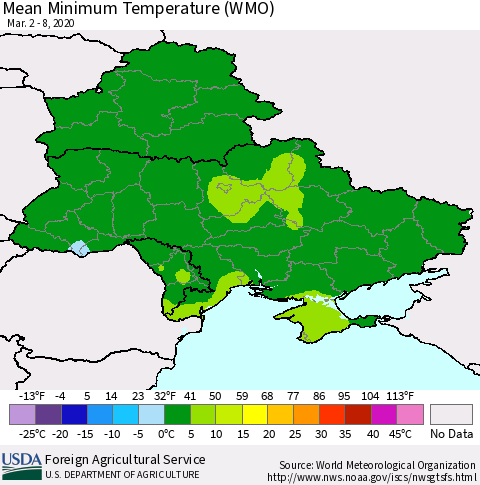 Ukraine, Moldova and Belarus Minimum Temperature (WMO) Thematic Map For 3/2/2020 - 3/8/2020