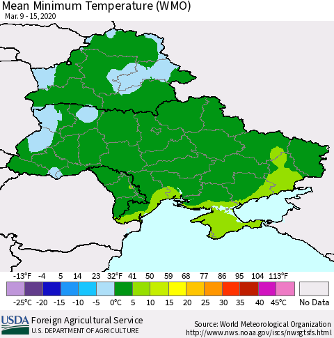 Ukraine, Moldova and Belarus Minimum Temperature (WMO) Thematic Map For 3/9/2020 - 3/15/2020