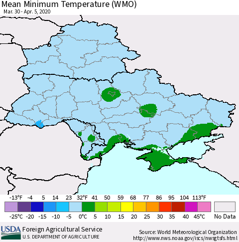 Ukraine, Moldova and Belarus Minimum Temperature (WMO) Thematic Map For 3/30/2020 - 4/5/2020