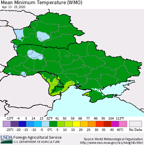 Ukraine, Moldova and Belarus Minimum Temperature (WMO) Thematic Map For 4/13/2020 - 4/19/2020