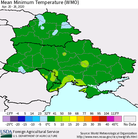 Ukraine, Moldova and Belarus Minimum Temperature (WMO) Thematic Map For 4/20/2020 - 4/26/2020