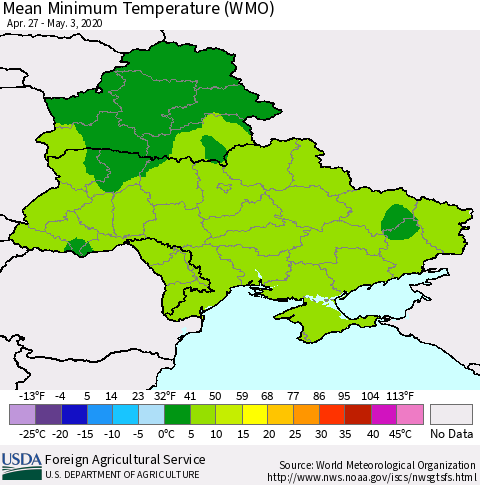 Ukraine, Moldova and Belarus Minimum Temperature (WMO) Thematic Map For 4/27/2020 - 5/3/2020