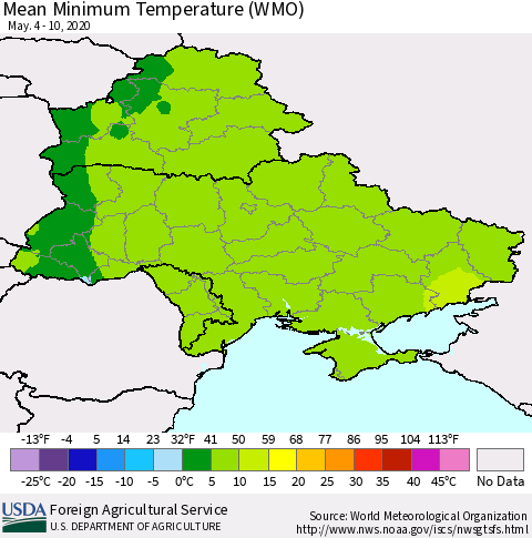 Ukraine, Moldova and Belarus Minimum Temperature (WMO) Thematic Map For 5/4/2020 - 5/10/2020