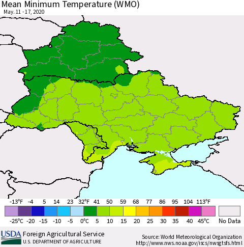 Ukraine, Moldova and Belarus Minimum Temperature (WMO) Thematic Map For 5/11/2020 - 5/17/2020