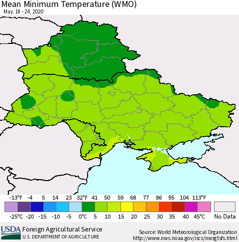 Ukraine, Moldova and Belarus Minimum Temperature (WMO) Thematic Map For 5/18/2020 - 5/24/2020