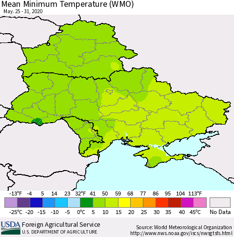 Ukraine, Moldova and Belarus Minimum Temperature (WMO) Thematic Map For 5/25/2020 - 5/31/2020