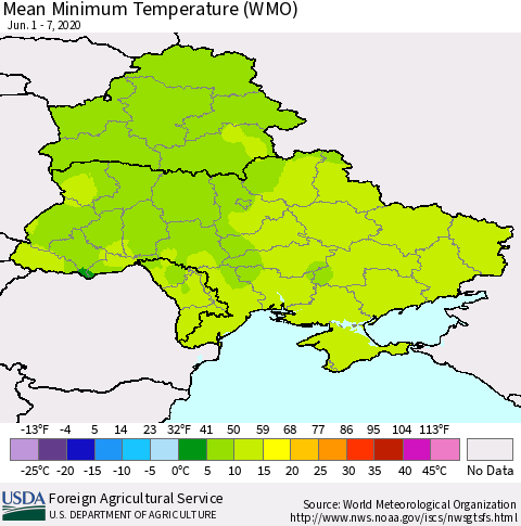 Ukraine, Moldova and Belarus Minimum Temperature (WMO) Thematic Map For 6/1/2020 - 6/7/2020