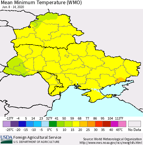 Ukraine, Moldova and Belarus Minimum Temperature (WMO) Thematic Map For 6/8/2020 - 6/14/2020