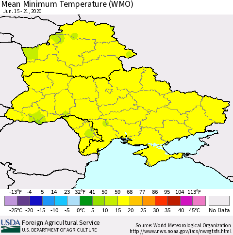 Ukraine, Moldova and Belarus Minimum Temperature (WMO) Thematic Map For 6/15/2020 - 6/21/2020
