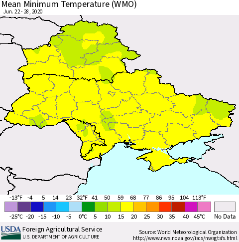 Ukraine, Moldova and Belarus Minimum Temperature (WMO) Thematic Map For 6/22/2020 - 6/28/2020