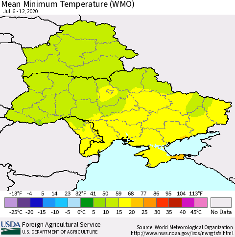 Ukraine, Moldova and Belarus Minimum Temperature (WMO) Thematic Map For 7/6/2020 - 7/12/2020