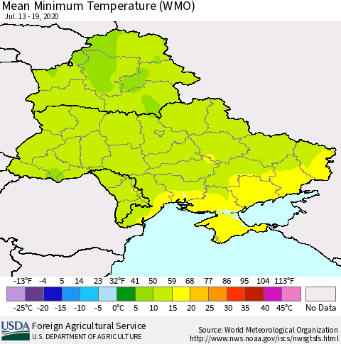 Ukraine, Moldova and Belarus Minimum Temperature (WMO) Thematic Map For 7/13/2020 - 7/19/2020