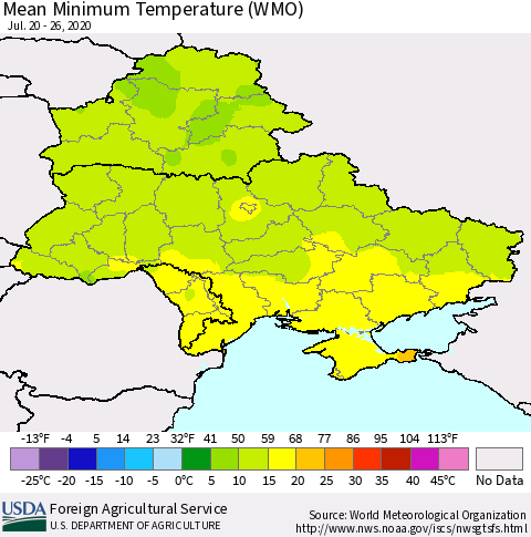 Ukraine, Moldova and Belarus Minimum Temperature (WMO) Thematic Map For 7/20/2020 - 7/26/2020