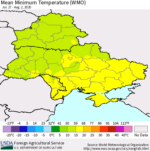 Ukraine, Moldova and Belarus Minimum Temperature (WMO) Thematic Map For 7/27/2020 - 8/2/2020