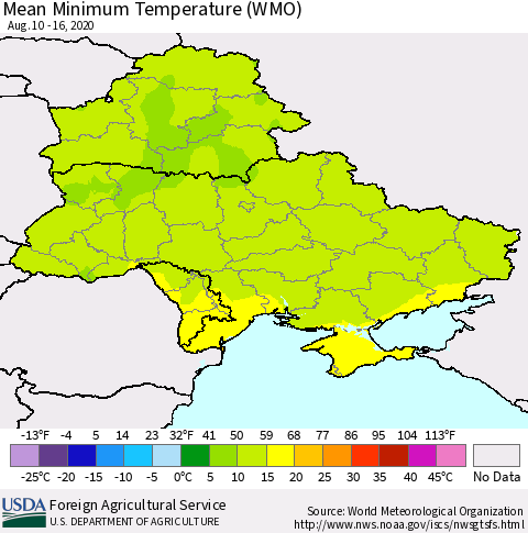 Ukraine, Moldova and Belarus Minimum Temperature (WMO) Thematic Map For 8/10/2020 - 8/16/2020